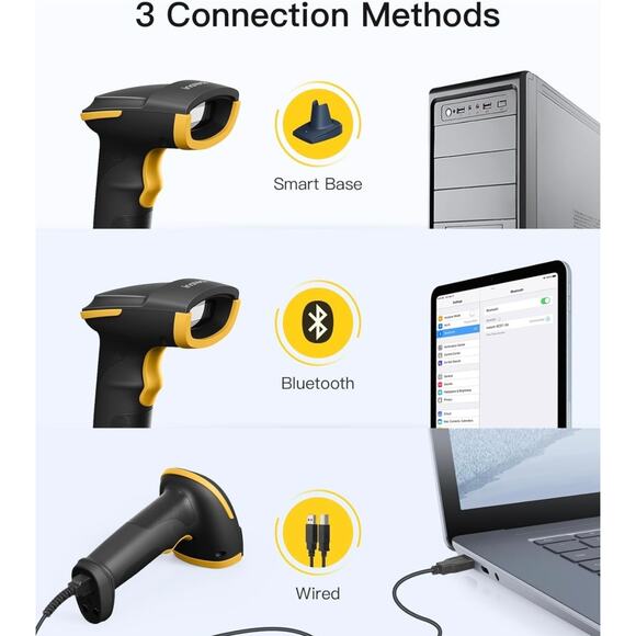 Inateck 2D Barcode Bluetooth Scanner w/ 2.4Ghz Smart Base, BCST-54, Black/Yellow - Picture 4 of 6